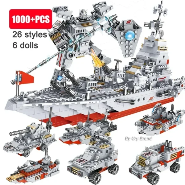 WW2 Military Series Army Battle Cruiser Ship Modern Warship Tank Plane Fighting Mech Figures Building Blocks Toys for Boys Gifts