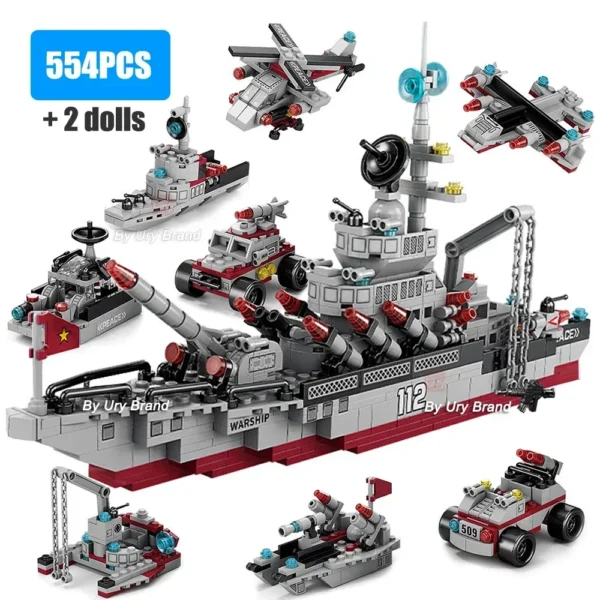 WW2 Military Series Army Battle Cruiser Ship Modern Warship Tank Plane Fighting Mech Figures Building Blocks Toys for Boys Gifts - Image 5